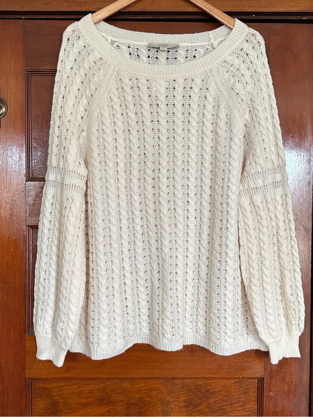 New LOFT Cream Open Cable Knit Scoop Neck Sweater Size XL Cottagecore Prairie